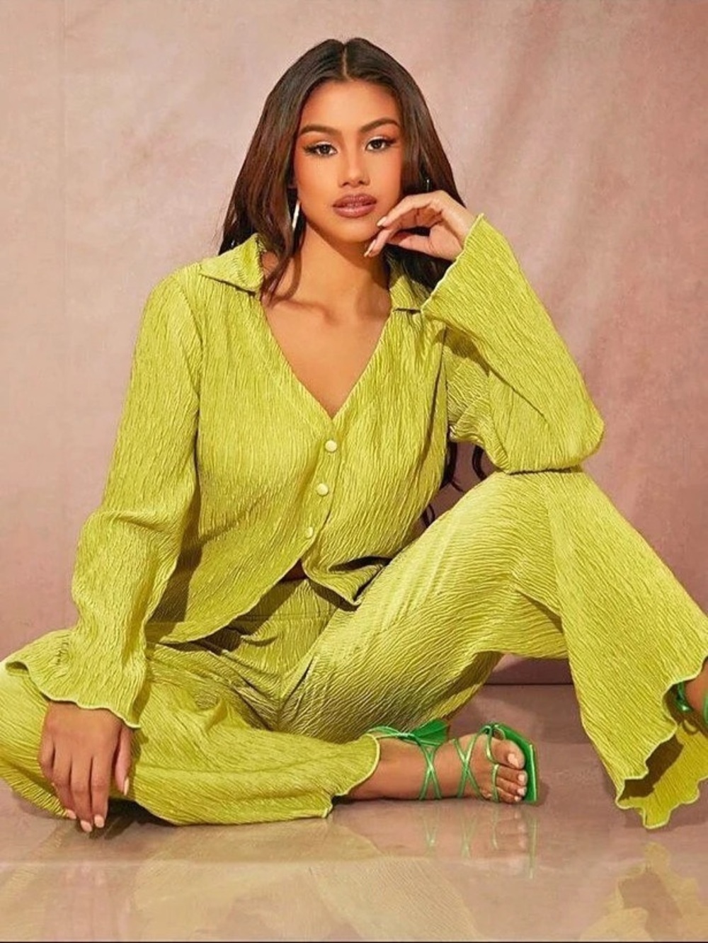 SHEIN BAE Button Front Lettuce Trim Top & Wide Leg Pants Set